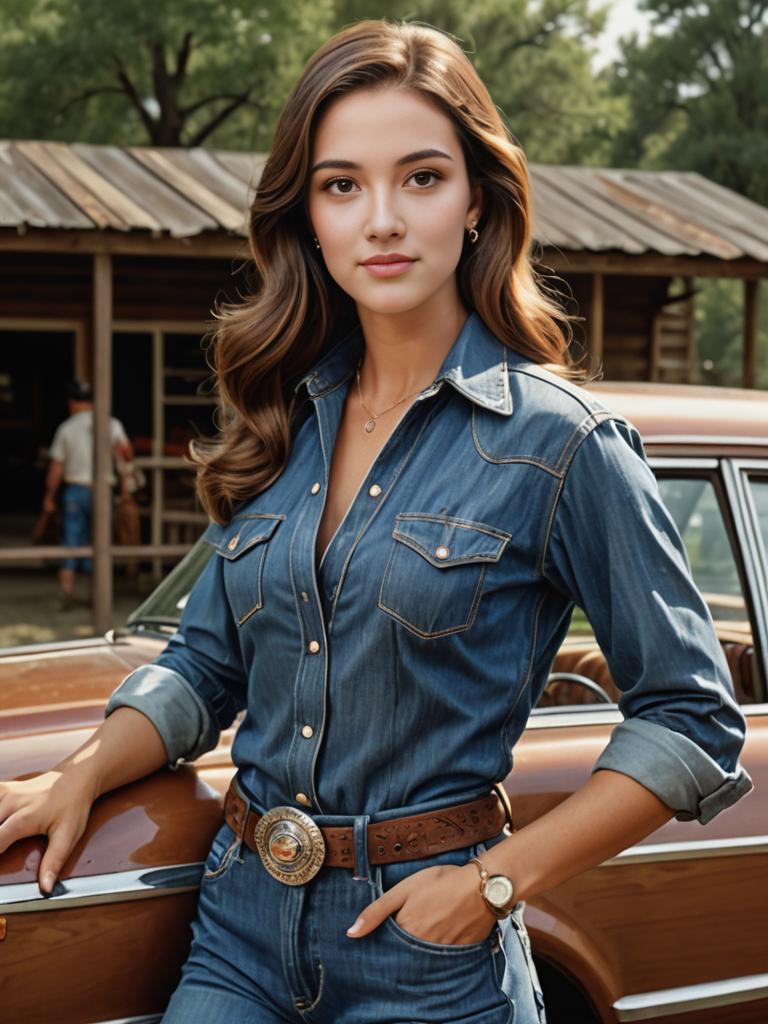 Woman in Denim Shirt by Vintage Car