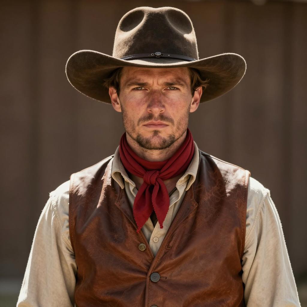 Portrait of a Young Man in Classic Cowboy Outfit with Leather Vest and Hat