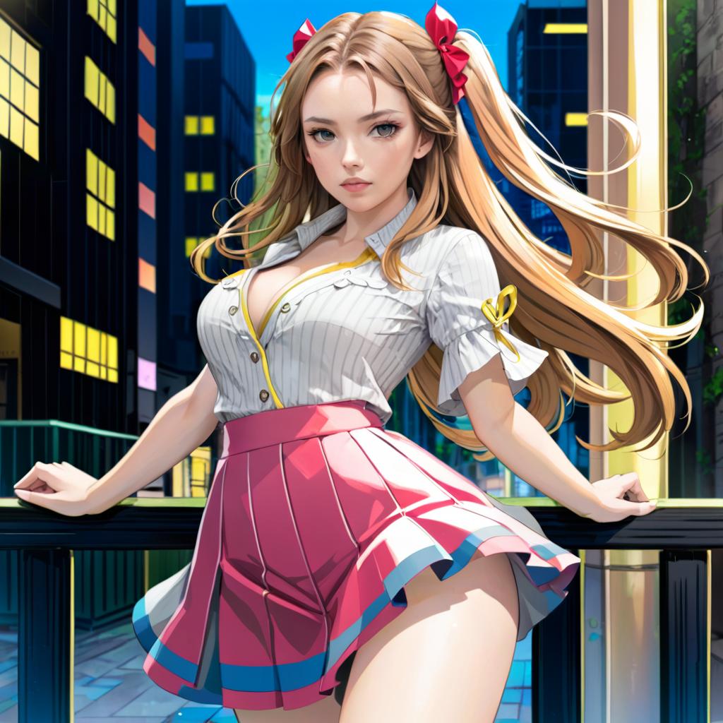 Anime Girl in City with Blonde Hair and Red Ribbons