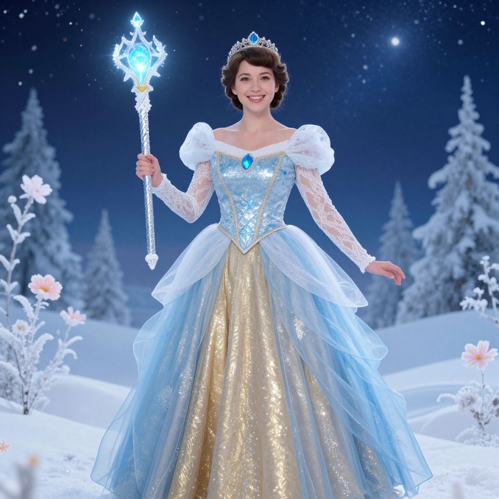 Woman in Blue and Gold Fantasy Gown with Magical Staff in Winter Wonderland