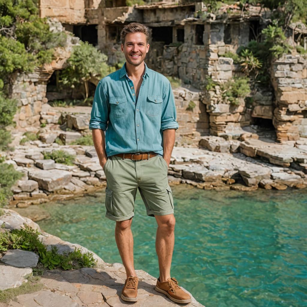 Smiling Man in Teal Shirt and Green Shorts by Ancient Ruins