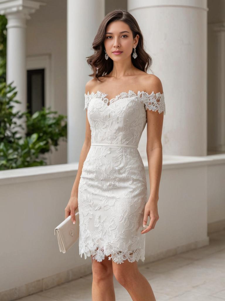 Elegant Woman in Off-Shoulder White Lace Dress