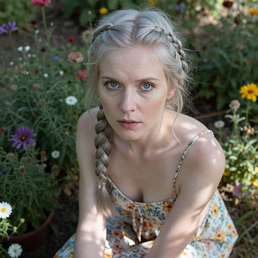 Blonde Woman with Braided Hair in Floral Dress Sitting in Flower Garden