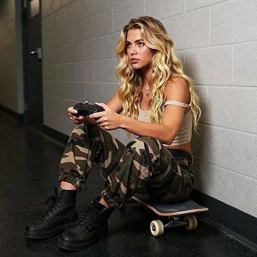 Young Woman Playing Video Games Sitting on Skateboard in Urban Hallway