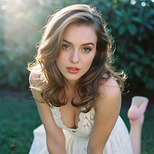 Portrait of Young Woman in White Lace Dress Outdoors