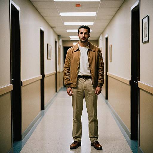 Man in Tan Jacket and Pants Wearing Casual Informal Outfit in Hallway