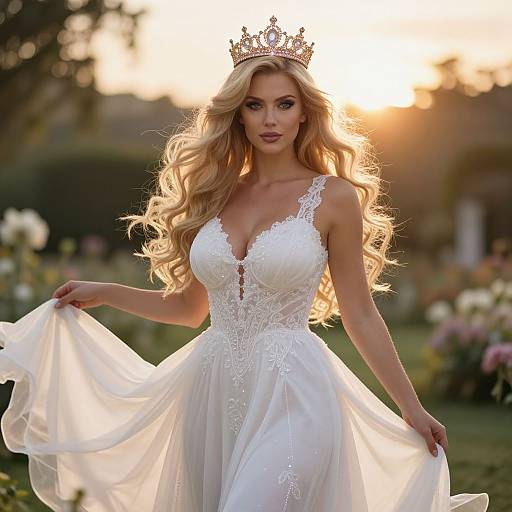 Elegant Blonde Woman in White Wedding Dress with Crown at Sunset
