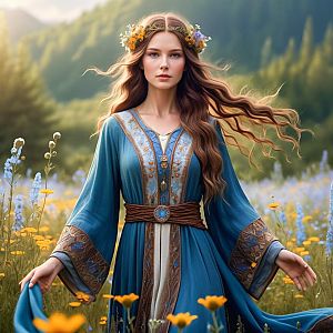 Woman in Blue Gown in Wildflower Meadow