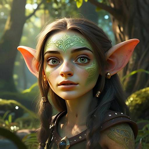Fantasy Elf Woman Portrait with Green Face Tattoos in Forest Setting