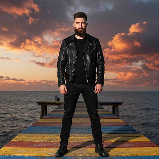 Man in Black Leather Jacket on Colorful Pier at Sunset