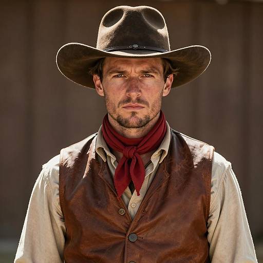 Portrait of a Young Man in Classic Cowboy Outfit with Leather Vest and Hat