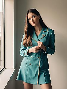 Elegant Woman Wearing Teal Blazer Dress Posing Near Window