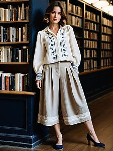 Fashionable Woman in Vintage Embroidered Blouse and Beige Culottes in Library