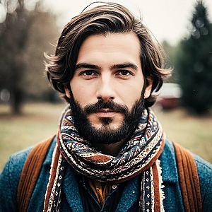 Man with Beard in Bohemian Scarf Outdoors