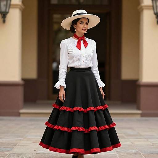 Mexican Folkloric Dress Woman in Traditional Costume with Hat and Red Accents