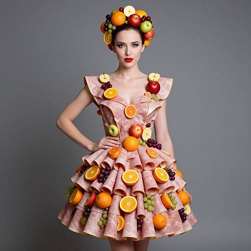 Creative Food Fashion Dress with Ham and Fresh Fruit Accessories