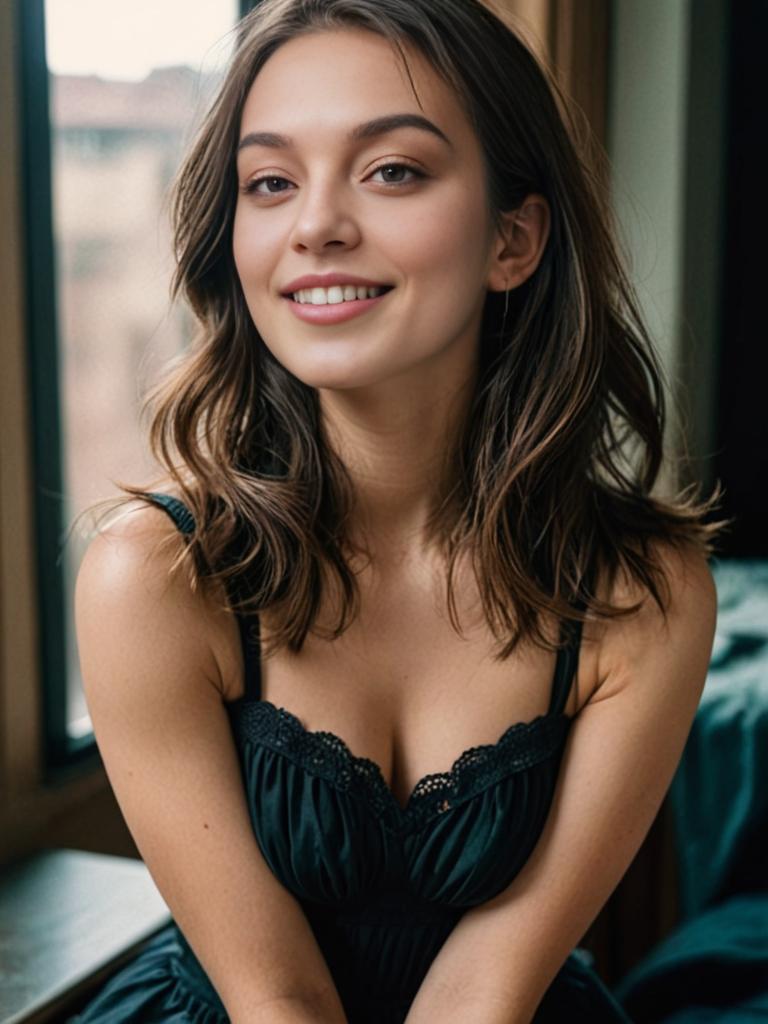 Young Woman by Window in Stylish Black Top