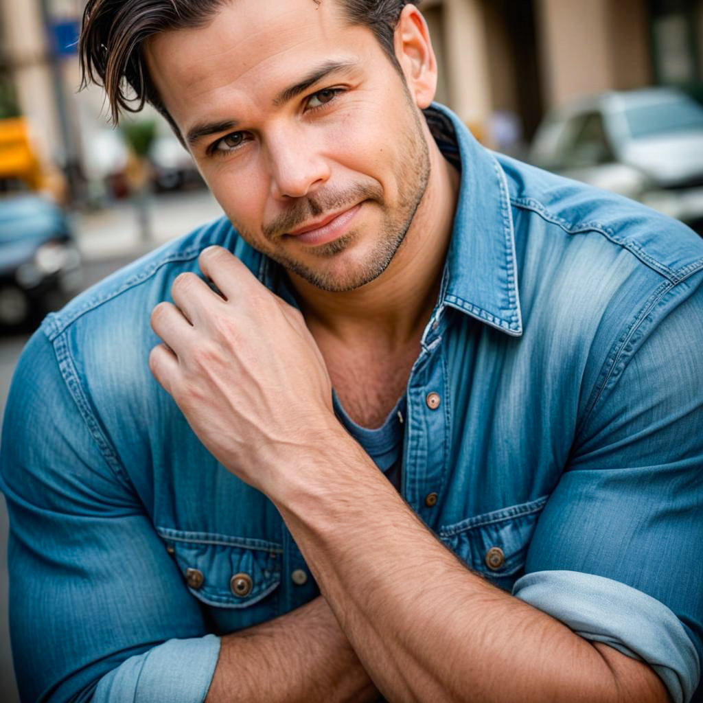 Confident man in denim shirt, muscular build