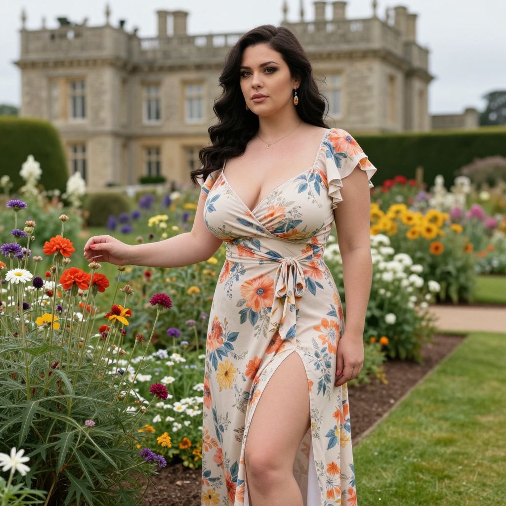 Woman in Floral Wrap Dress in Garden with Historic Mansion Background