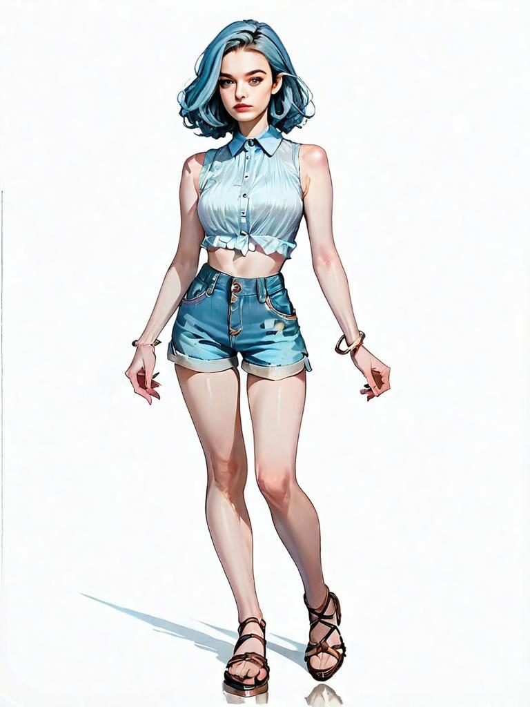 Realistic Comic Style Illustration of Woman with Blue Hair in Casual Outfit