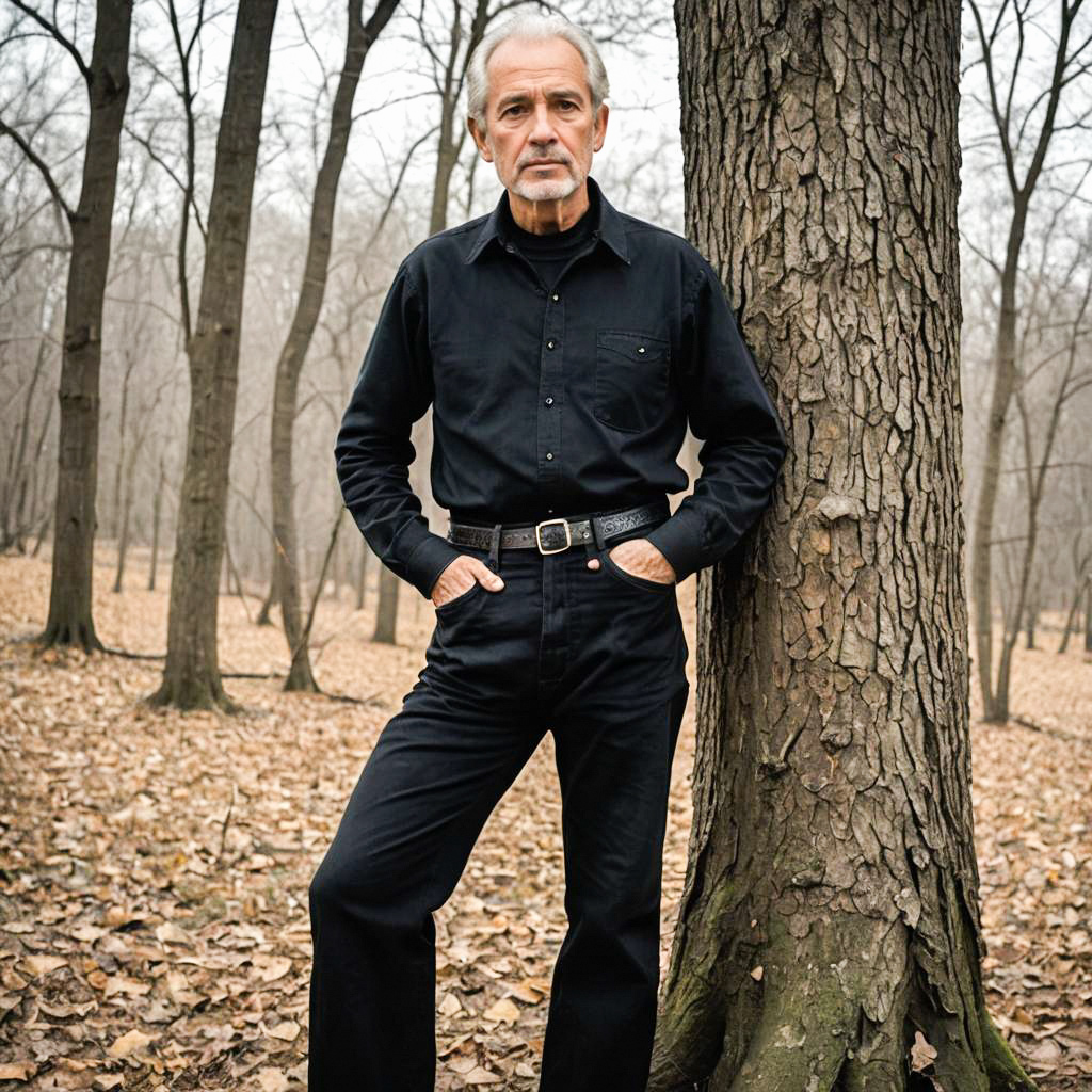 Man in Black Posing in Serene Forest