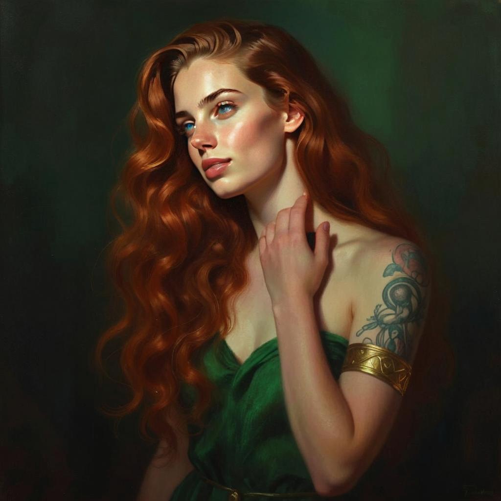Digital Portrait of Redheaded Woman with Arm Tattoo and Green Dress