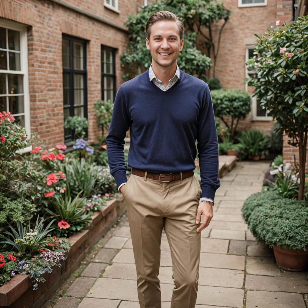 Cheerful man in classy outfit enjoying a garden stroll