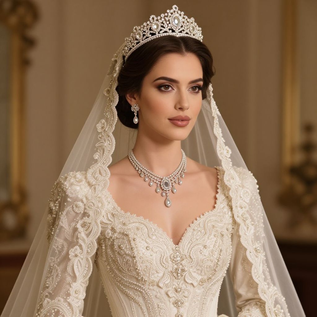 Elegant Woman in Beaded Bridal Gown with Tiara and Veil