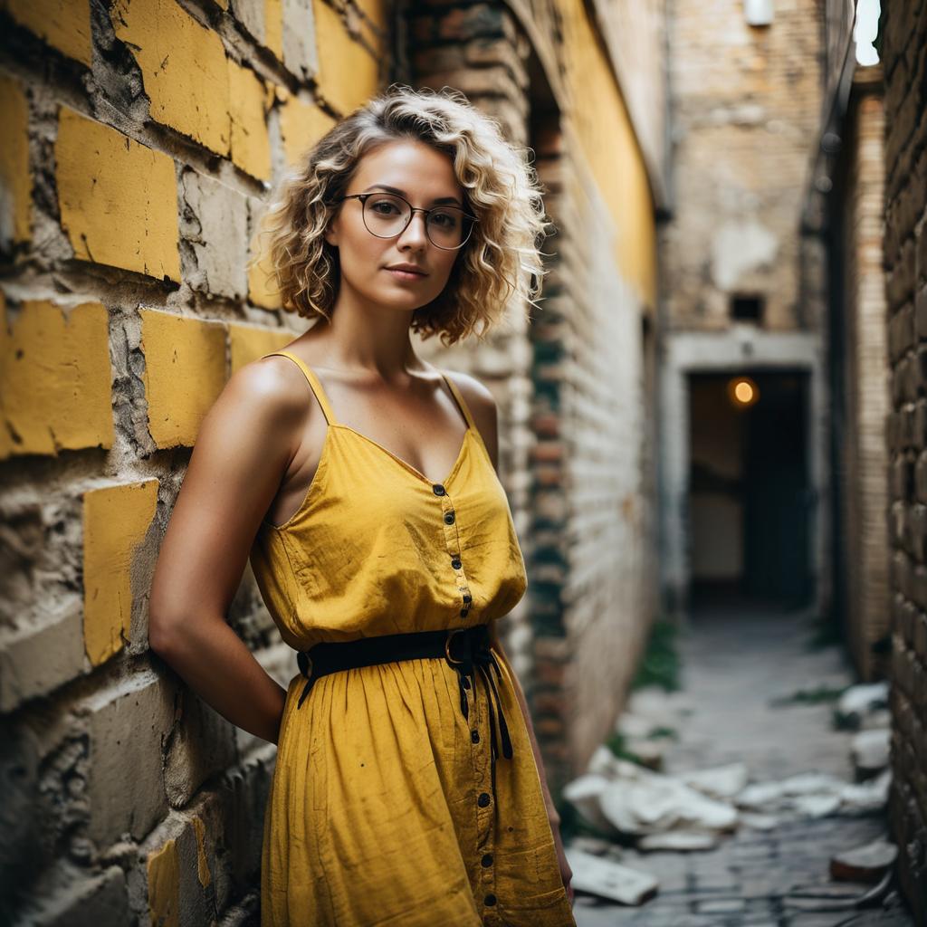 Stylish Woman in Mustard Yellow Dress Leaning on Brick Wall in Alleyway