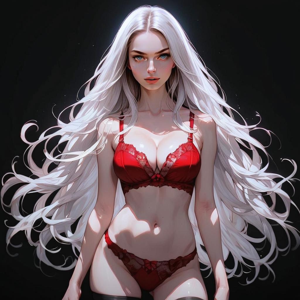 Confident Woman in Red Lingerie with White Hair