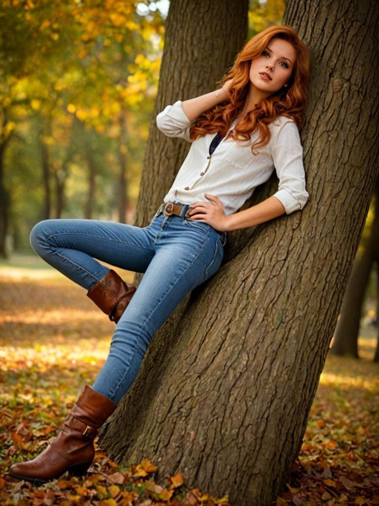 Woman with Red Hair in Autumn Setting