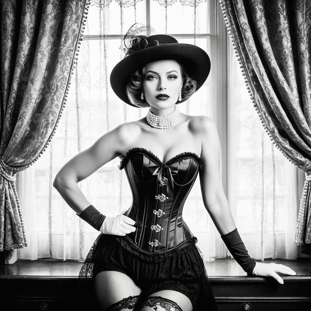 Glamorous Woman in Vintage Black Corset and Lace Skirt