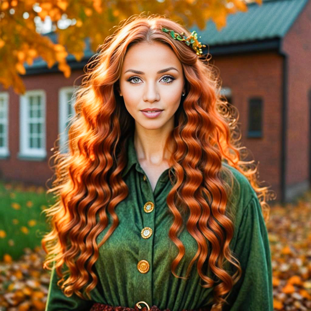 Woman with Red Hair in Autumn Foliage