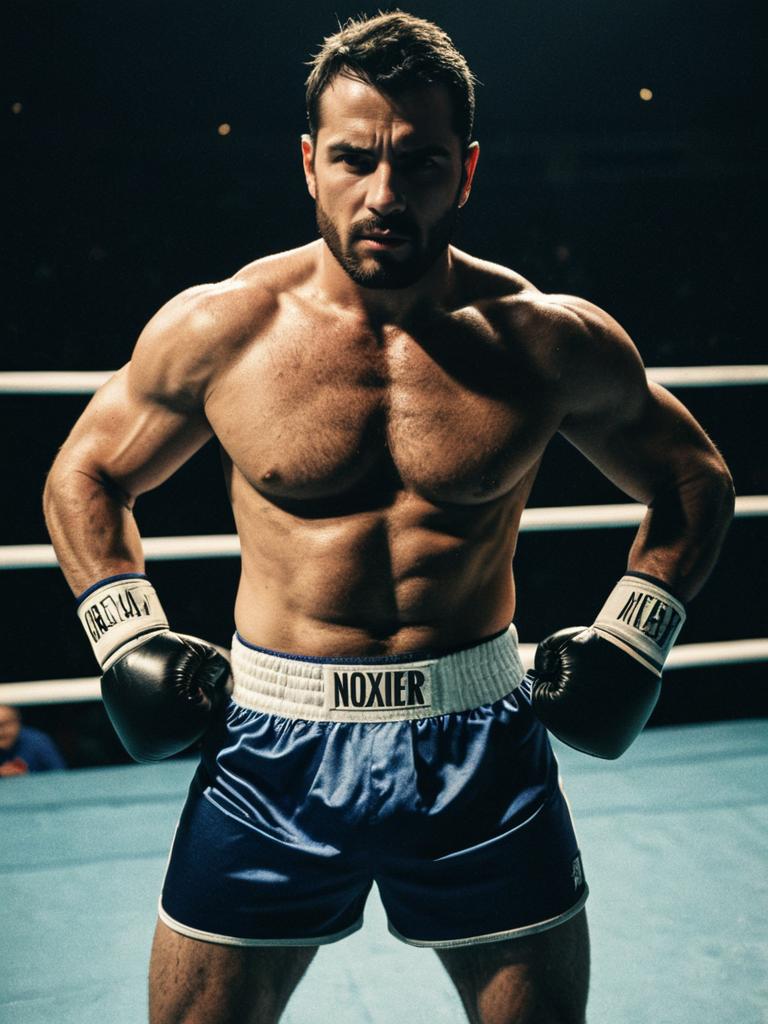 Muscular Man in Boxer Costume with Intense Cinematic Lighting in Boxing Ring