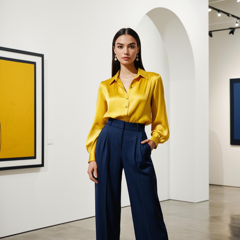 Elegant Woman in Yellow Satin Blouse and Navy Trousers in Modern Art Gallery
