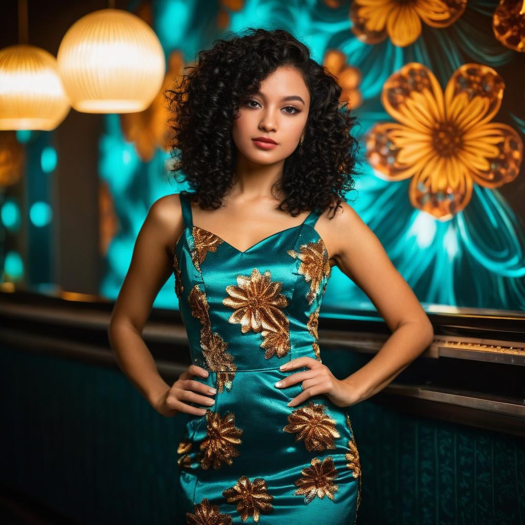 Young Woman in Teal Satin Floral Dress Posing Confidently in Stylish Interior