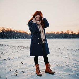 Woman in snowy field at sunset