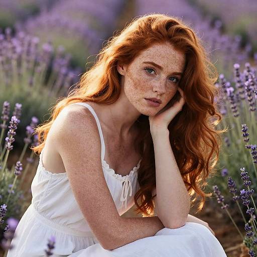 Thoughtful Red-Haired Woman Sitting in Lavender Field