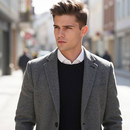 Stylish Young Man in Gray Wool Coat Urban Portrait