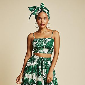 Tropical Leaf Print Crop Top and Skirt Outfit with Matching Headscarf