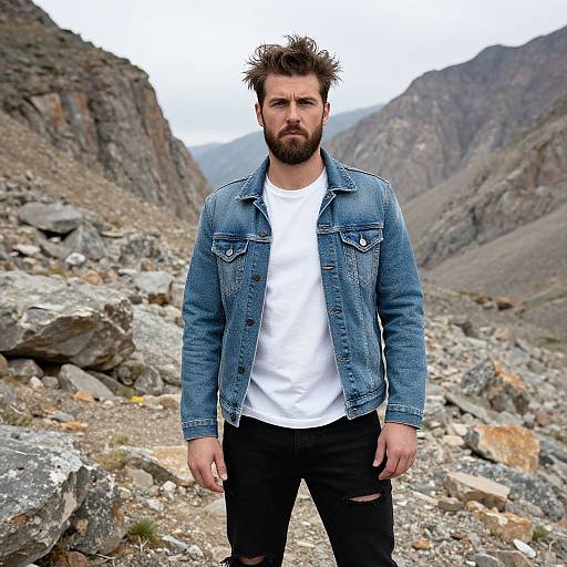 Man in Denim Jacket Posing Outdoors in Rocky Mountain Landscape