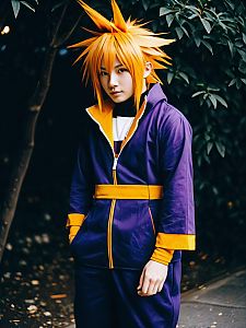 Man in Realistic Neku Sakuraba Cosplay Costume with Spiky Orange Hair