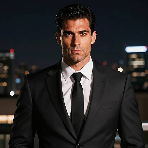 Confident Man in Black Suit with City Night Background