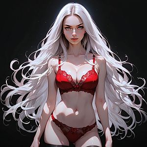 Confident Woman in Red Lingerie with White Hair