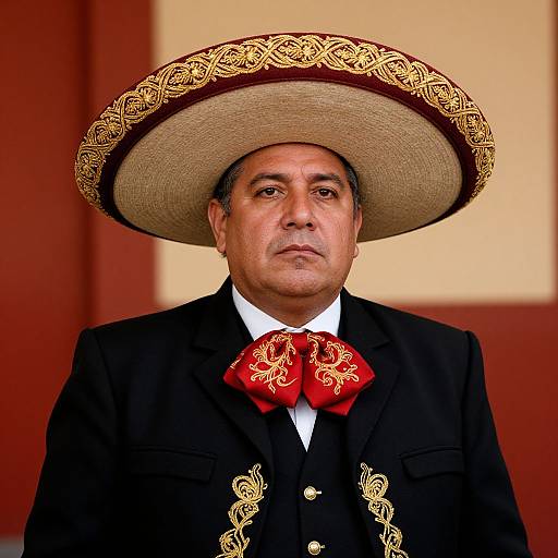 Traditional Mexican Charro Man Wearing Ornate Sombrero and Bow Tie
