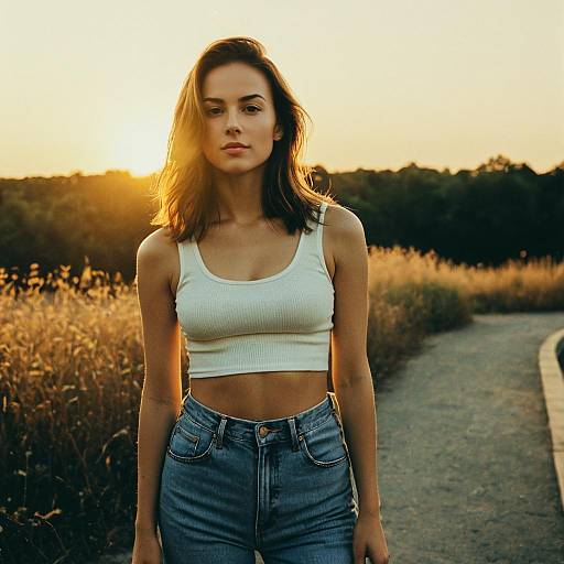 Young Woman Standing on Pathway in Golden Hour Light Wearing Casual Summer Clothes