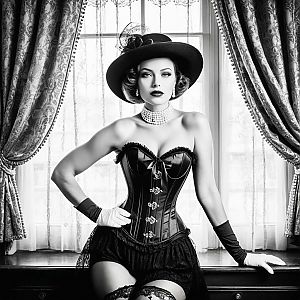 Glamorous Woman in Vintage Black Corset and Lace Skirt