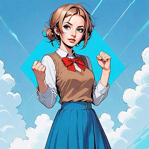 Confident Anime Schoolgirl in Uniform Against Blue Sky