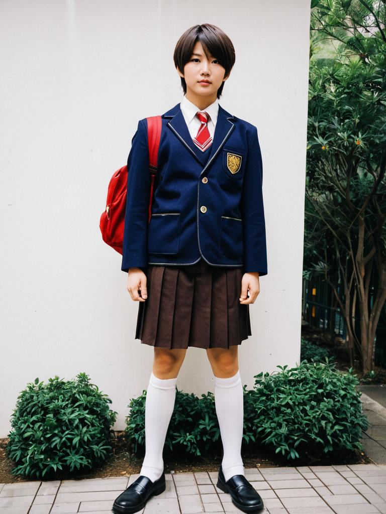 Japanese Schoolgirl Wearing Traditional Uniform with Red Backpack