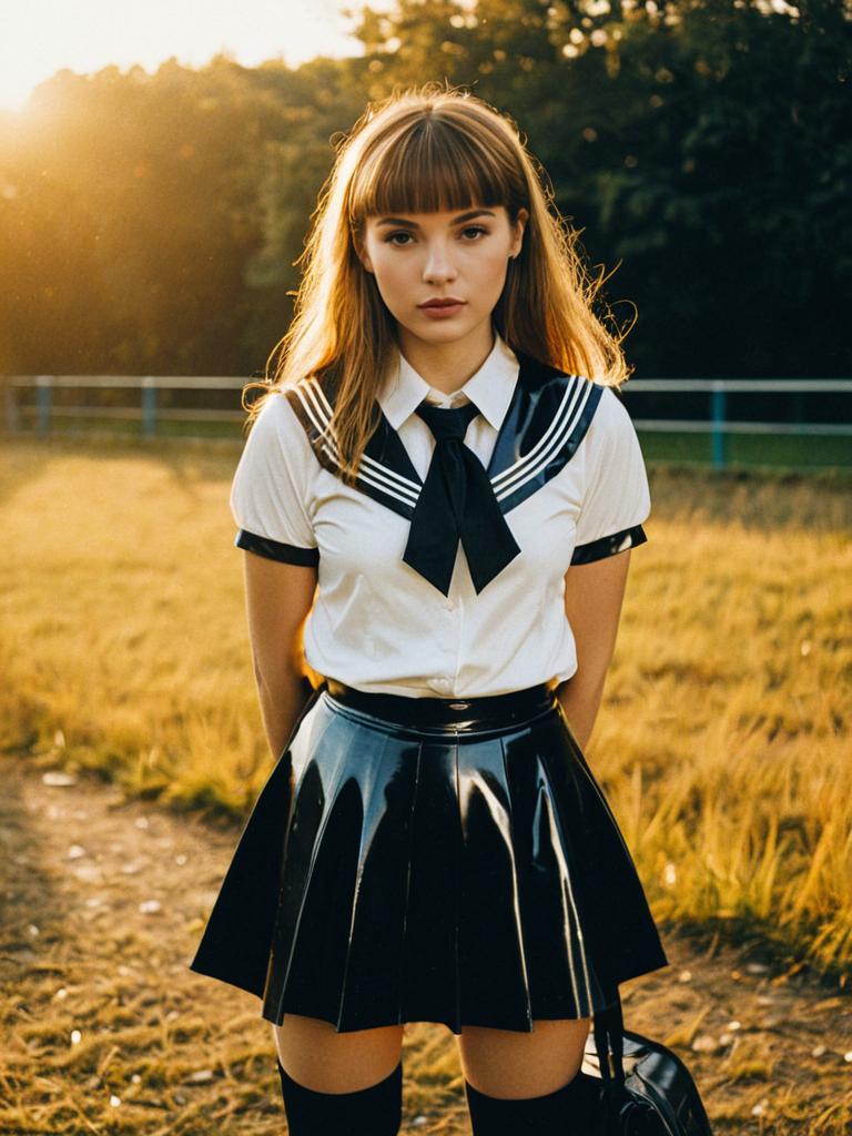 Woman in Latex Schoolgirl Costume Photorealistic Outdoor Portrait